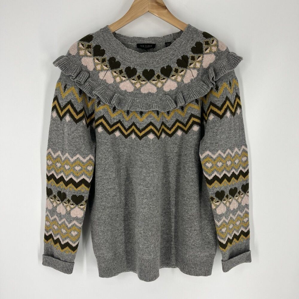 Ted Baker Sweater Size 3 Women Medium Gray Mysheli Fair Isle Ruffle Heart Preppy